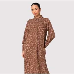 VEILED Maxi Dress Brown White Floral Ditzy Long Sleeve Shirtdress, Size Medium
